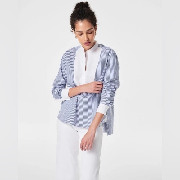 SPANX Poplin Tuxedo Shirt XL Blue White Stripe Long Sleeve High-Low Hem nautical - Picture 1 of 12